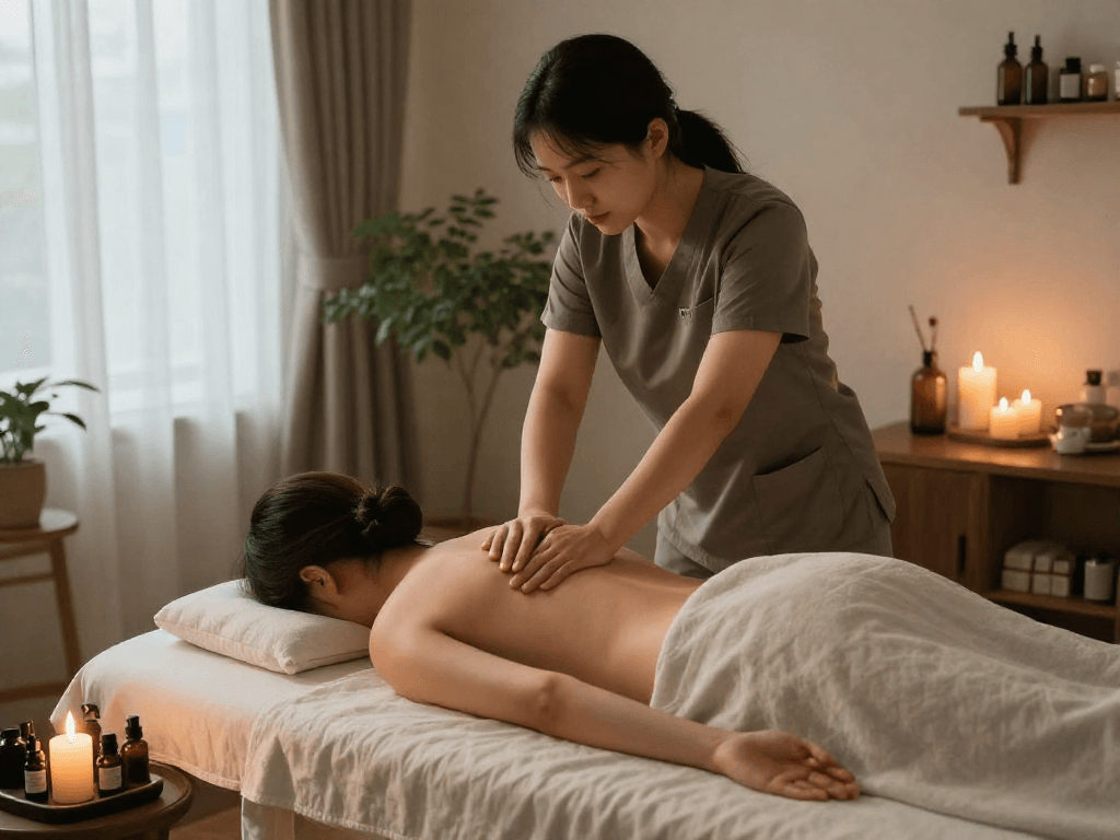 Client receiving a relaxing 화곡동출장안마 Swedish massage in a serene home environment with soothing decor.