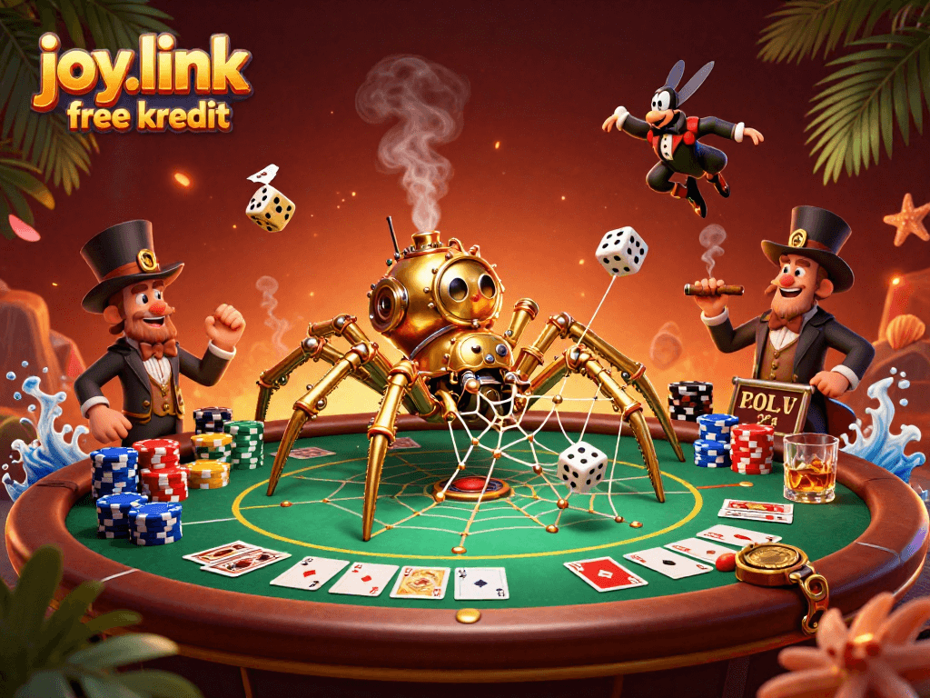 Experience joy.link free kredit with this vibrant steampunk casino scene featuring poker elements and dynamic characters.