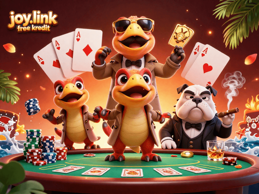 Join the action with joy.link free kredit, as raptors sneak into a VIP casino lounge amidst vibrant gaming elements.