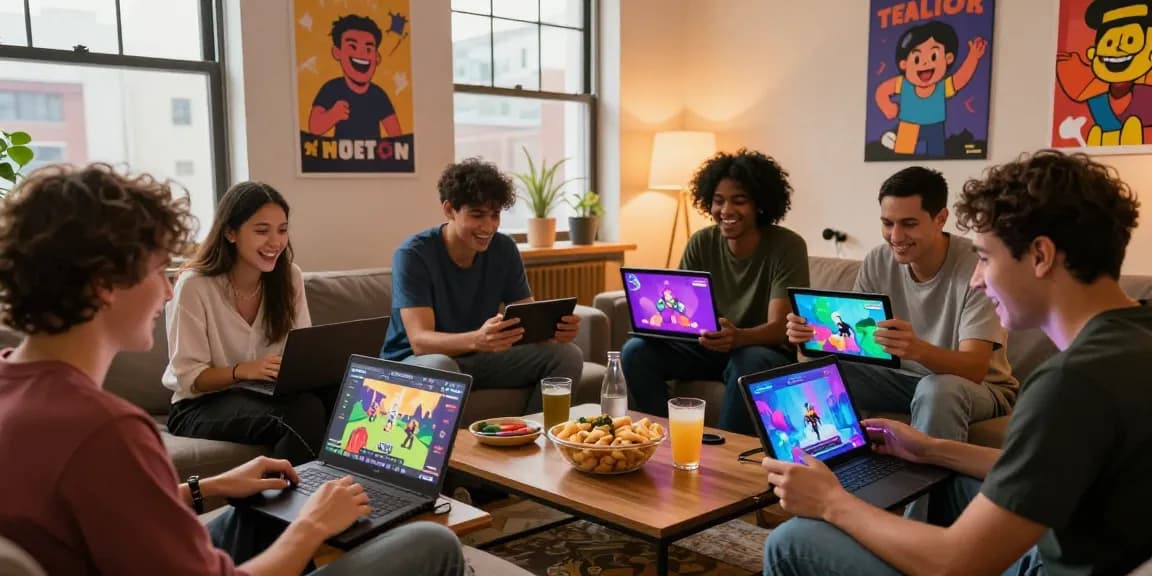 Friends enjoying gay porn games together on devices in a lively game night setting.