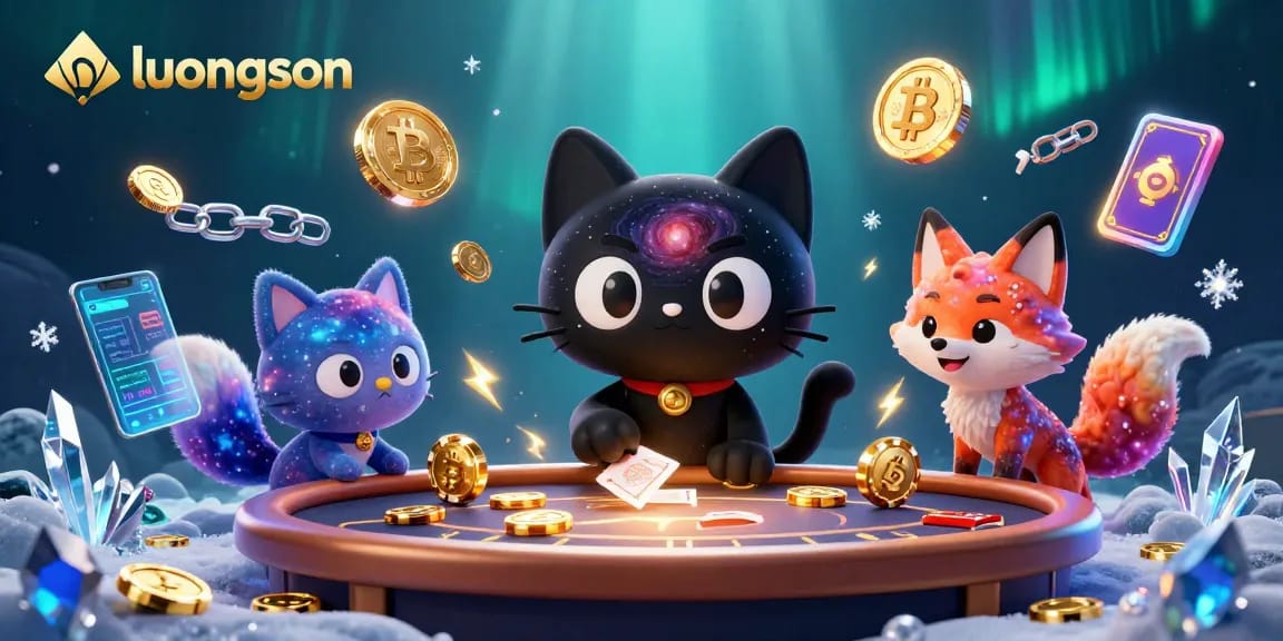 luongson cat captivatingly attracts golden chips in a vibrant cosmic casino scene