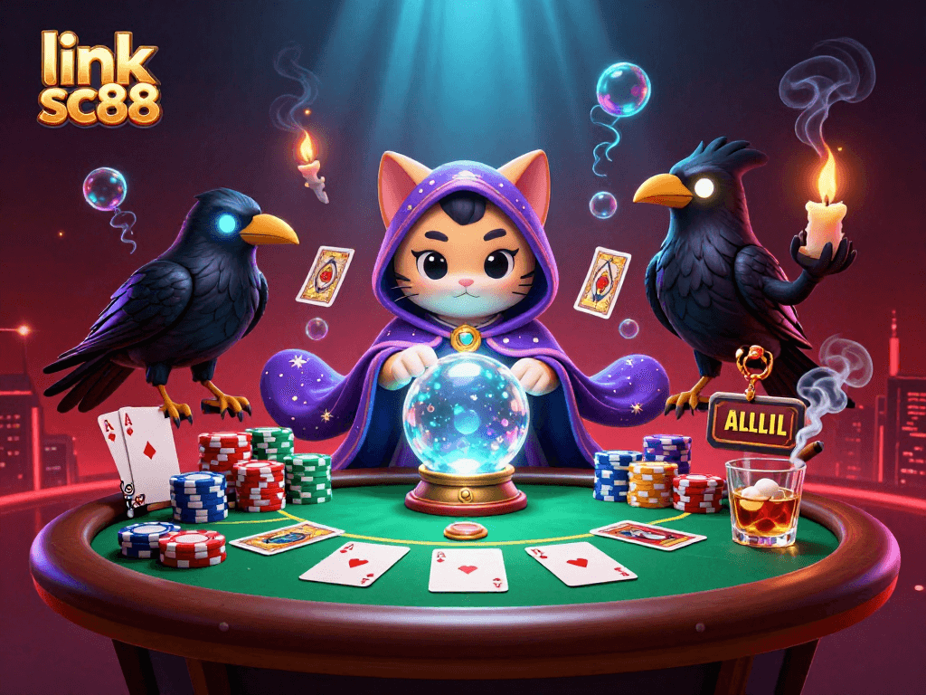 Experience thrilling gaming vibes with link sc88 featuring a mystic cat and raven in a vibrant casino scene.