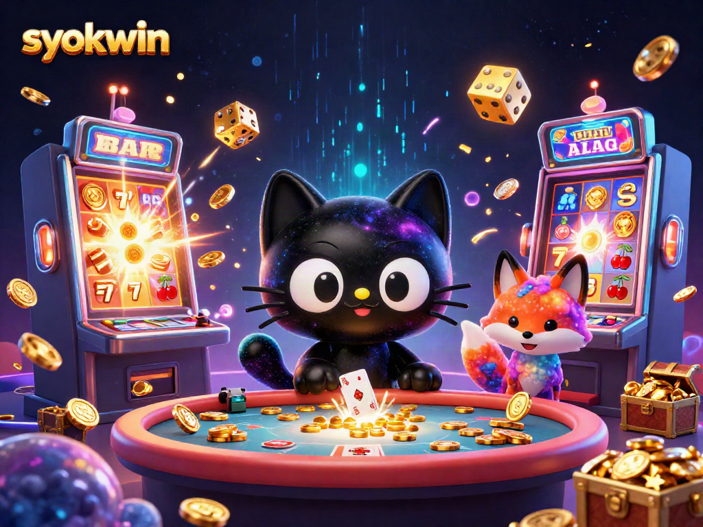 Syokwin cosmic casino illustration with a black hole cat and nebula fox attracting golden chips.