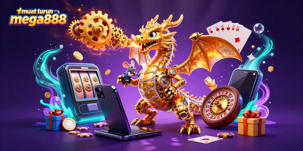Muat turun mega888 unique gaming experience with golden dragon and casino elements in vibrant scene.