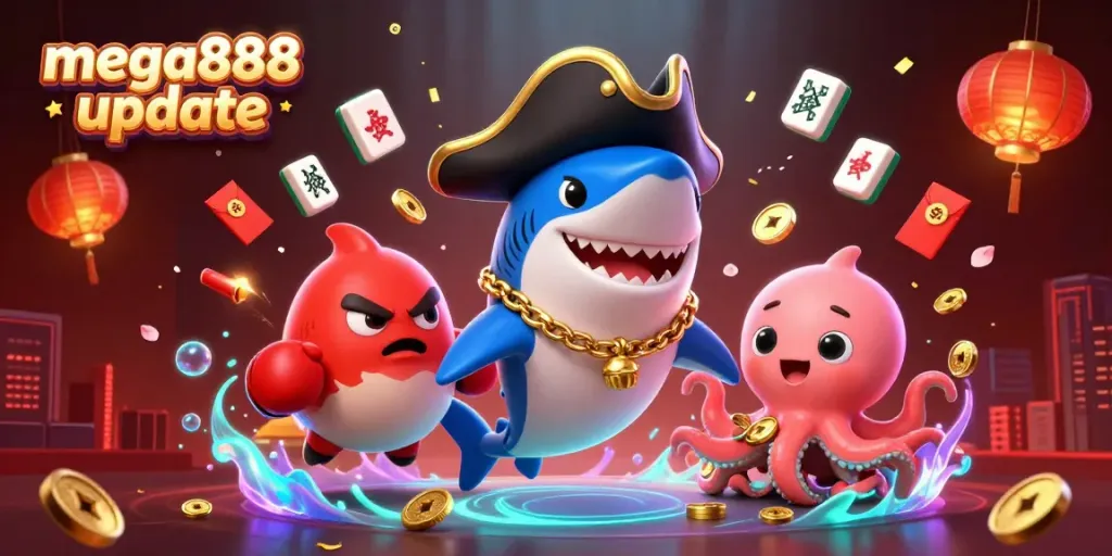Engage in thrilling mega888 update adventures with cartoon characters, floating casino elements, and rich colors.