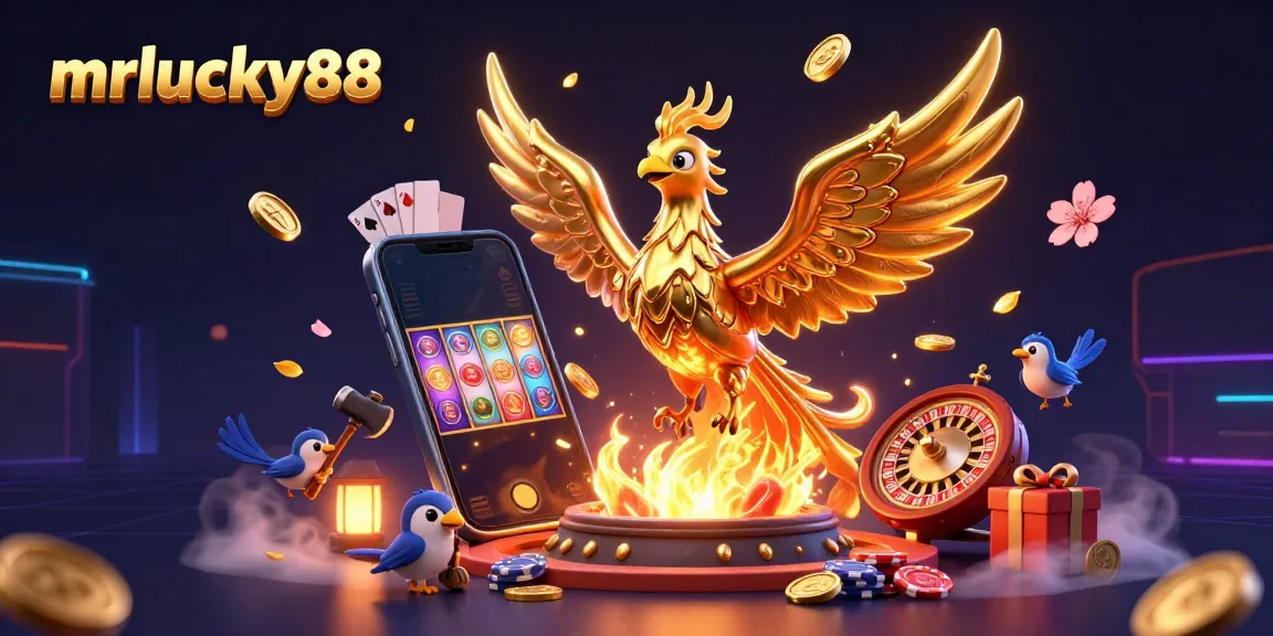 Experience the excitement of mrlucky88 with a vibrant 3D illustration showcasing a golden phoenix amidst dynamic casino elements.