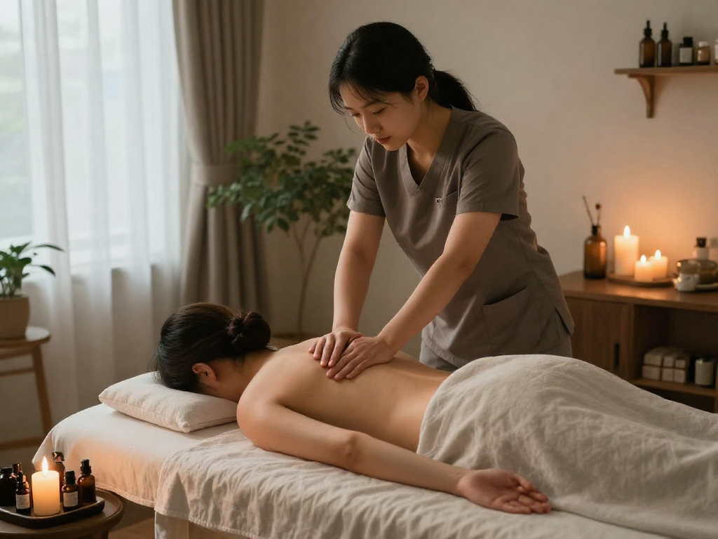 Client receiving a relaxing 화곡동출장안마 Swedish massage in a serene home environment with soothing decor.