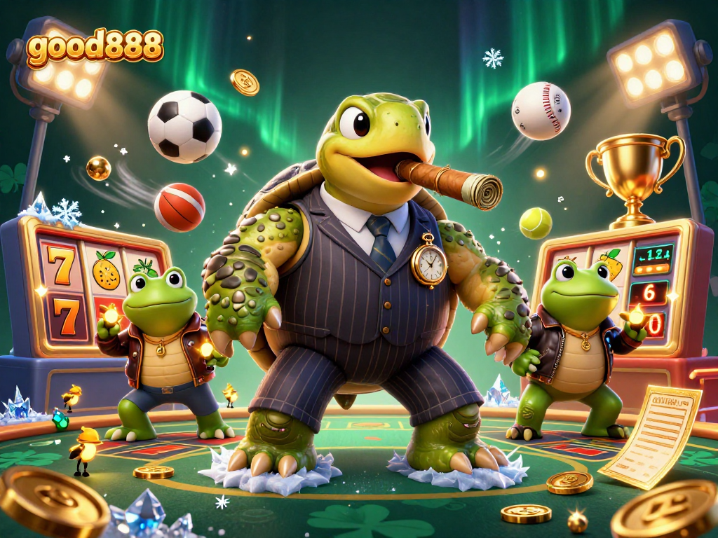 Interact with good888 in a vibrant, 3D casino scene featuring a snapping turtle and bullfrog enforcers.