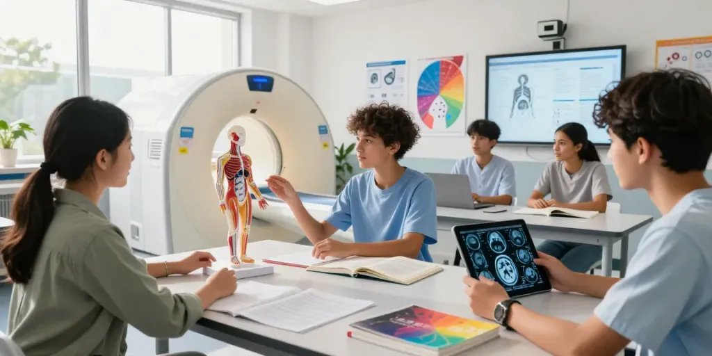 Diverse students learning about CT Scan, X-Ray, and MRI technology in a modern classroom setting focused on rokok 88 education.