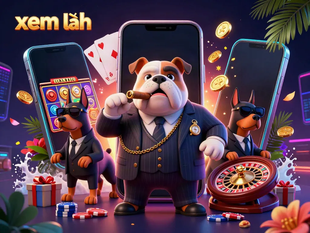 Engage with exciting slot games at xem thêm, featuring a mafia bulldog and Doberman bodyguards amidst casino elements.