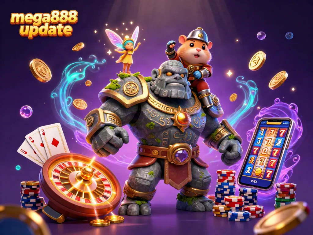 Experience the mega888 update with an enchanting casino-themed illustration featuring a stone golem, fairy, and hamster knight.