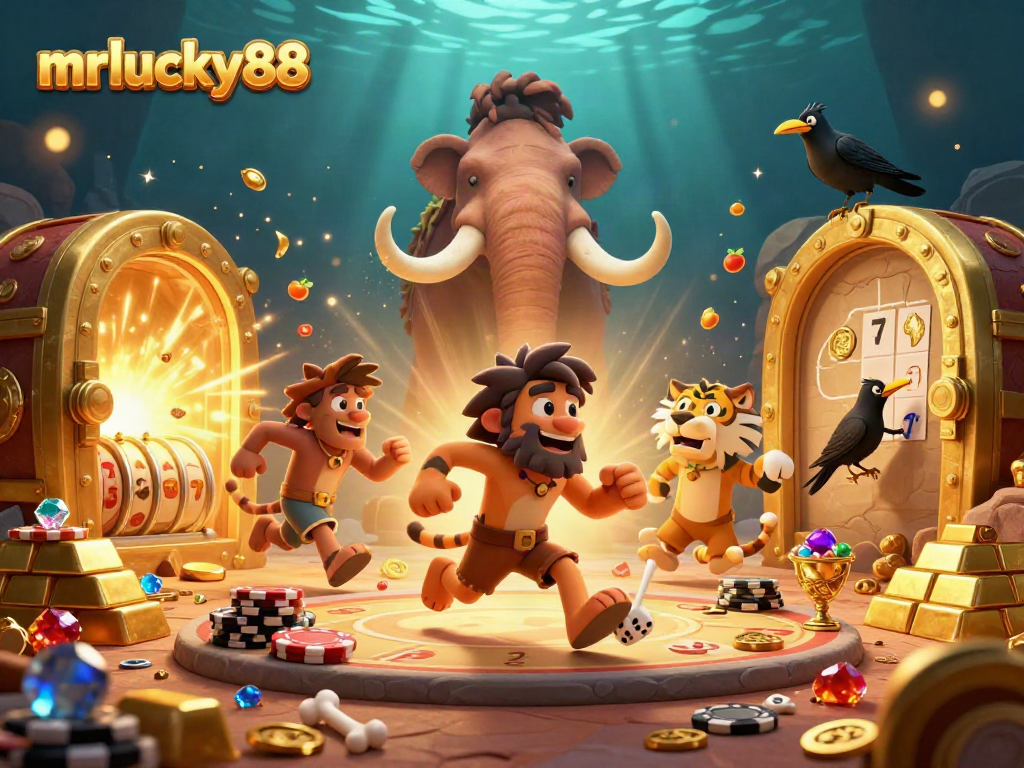 Experience thrilling gaming at mrlucky88 in a lively, colorful prehistoric casino scene.