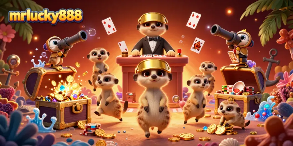 Experience thrilling gameplay with mrlucky888 at a lively meerkat casino in vibrant underwater scenery.