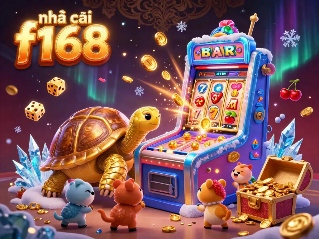 Engage with the thrilling world of nhà cái f168, featuring a vibrant scene with a colossal golden tortoise and slot machine.