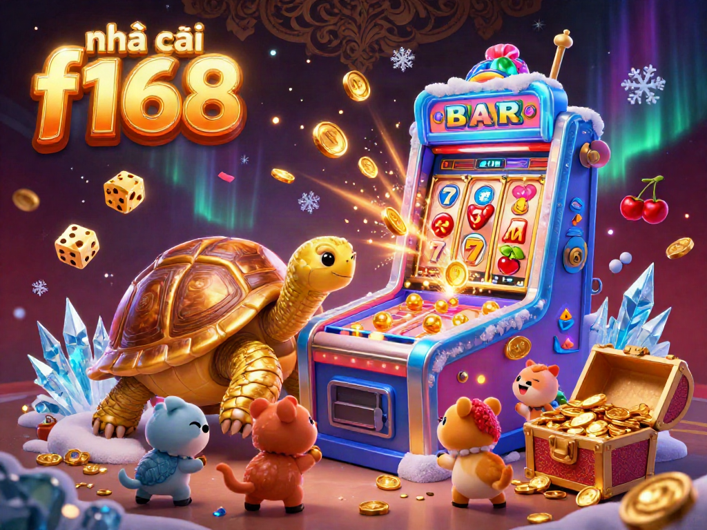 Engage with the thrilling world of nhà cái f168, featuring a vibrant scene with a colossal golden tortoise and slot machine.