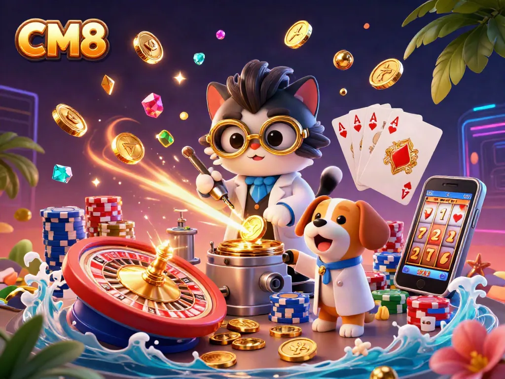 Engage in gambling excitement with CM8's vibrant casino scene featuring a mad scientist cat and golden rewards.