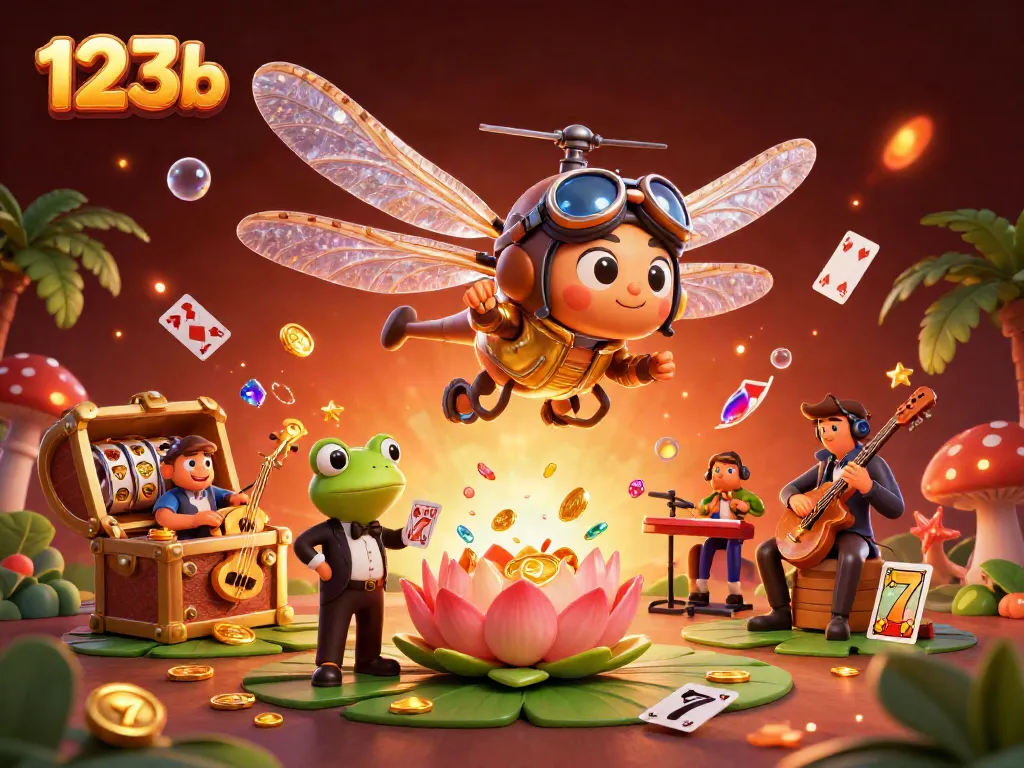 Experience thrilling gameplay at 123b with a dragonfly pilot and casino elements in a vibrant 3D illustration.